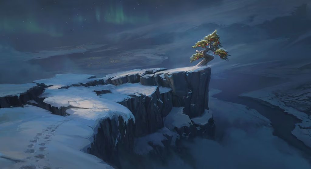 极光雪景孤松2K壁纸 梦幻冰雪风景电脑桌面壁纸插图