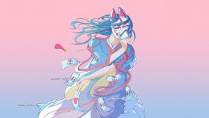 粉蓝渐变狐妖2K壁纸 日式和风符咒插画电脑桌面壁纸 - 博客侠