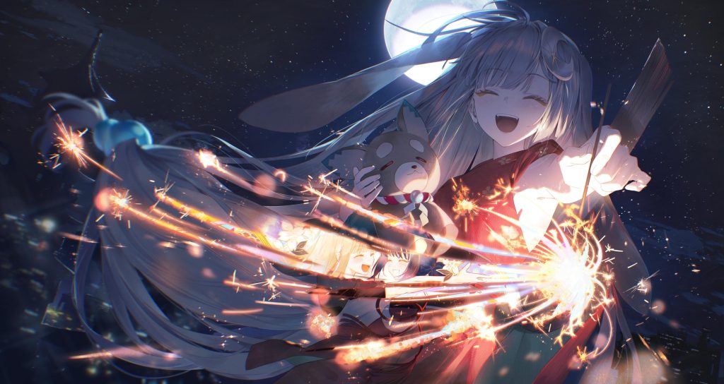 祭典兔耳少女2K壁纸 月下仙女棒和风动漫电脑桌面壁纸插图