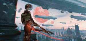 红月飞艇都市4K壁纸 和风武士少女赛博朋克电脑桌面壁纸 - 博客侠